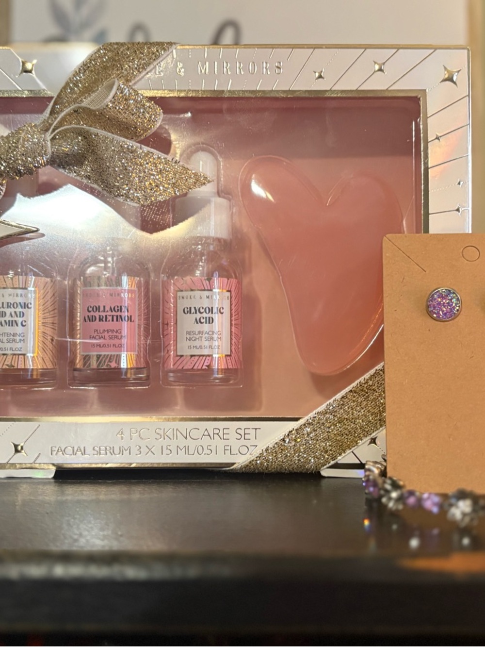 4-Piece Pink Skincare Serum Set with Earrings & Bracelet